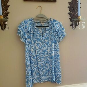 Nanette Lepore Blue and White Puff Sleeve Blouse